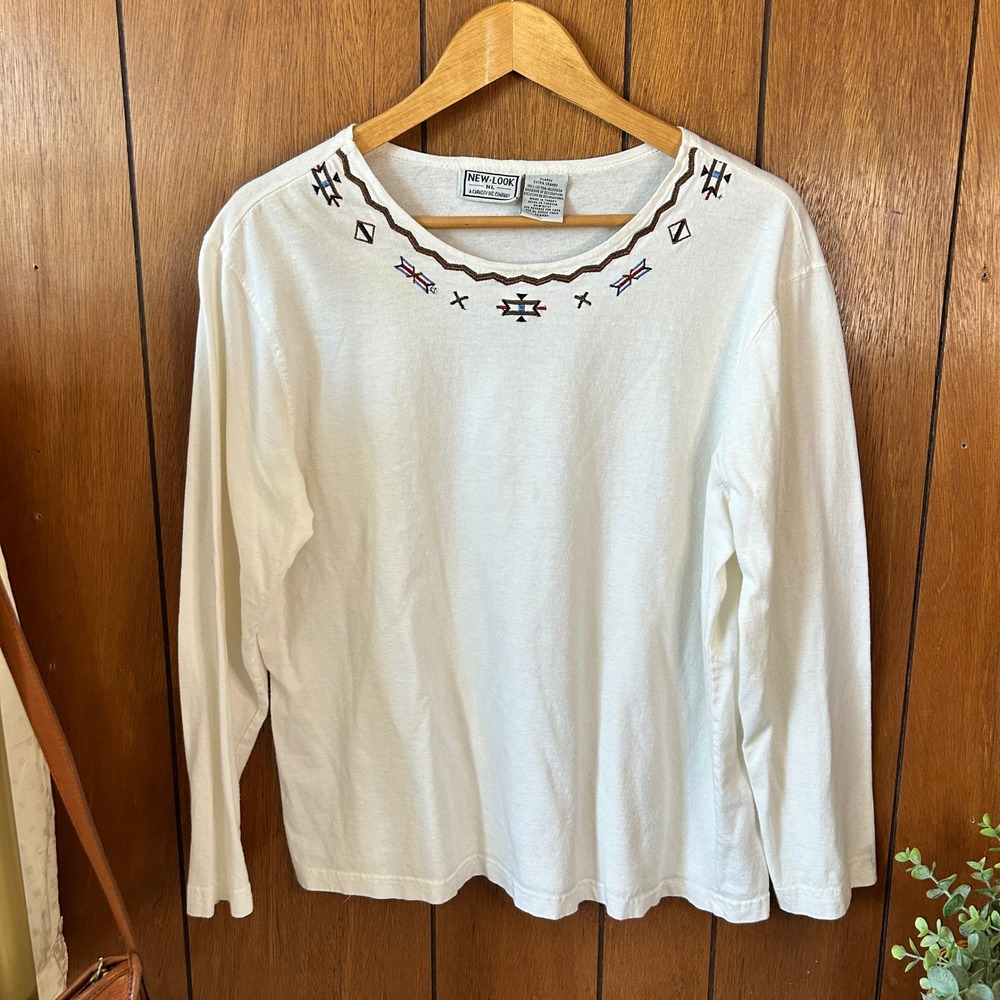 New Look White Embroidered‎ Long Sleeve Top Aztec Southwestern XLarge - Picture 2 of 6